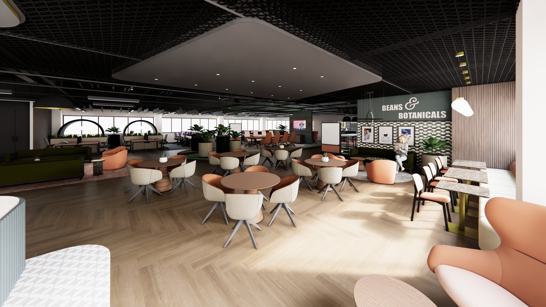 Workplace cafe and social space with tub dining chairs, banquette seating, high tables and a branded coffee bar