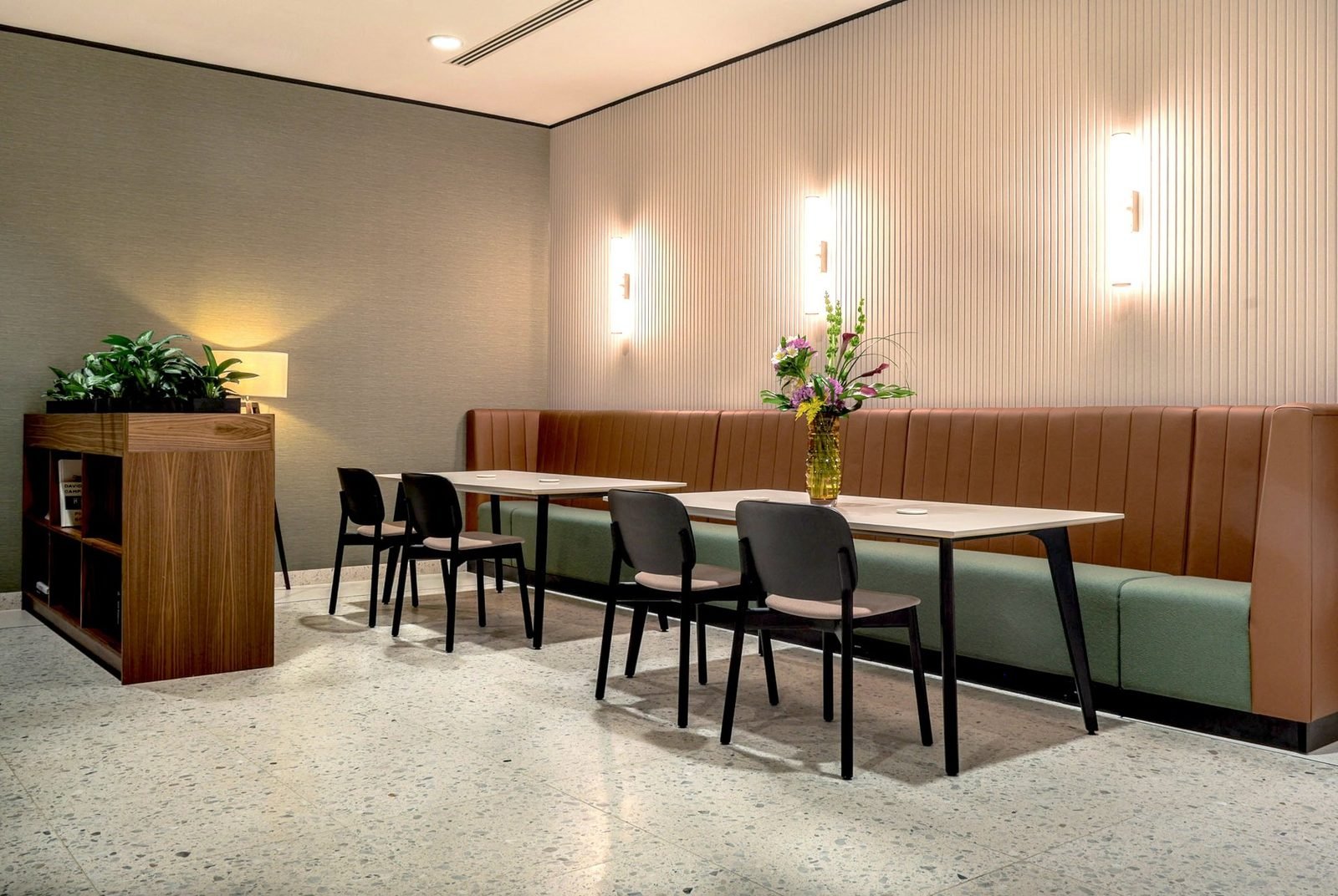 Hospitality banquette seating and dining tables