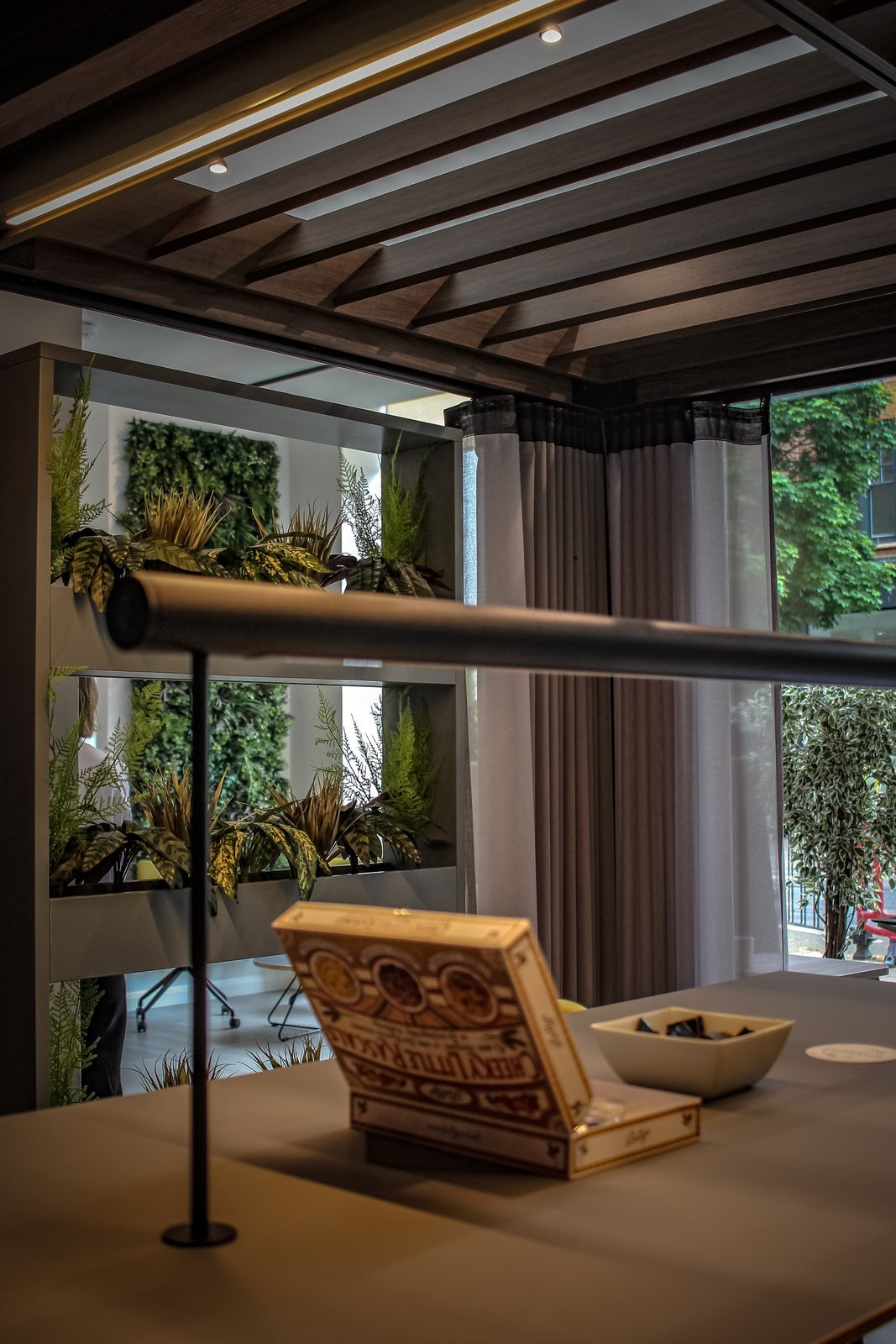 Contract furniture showroom with slatted timber ceiling and living green wall