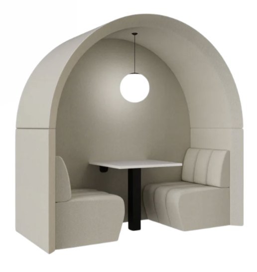 Archie two-person acoustic meeting pod with arched canopy and pendant light