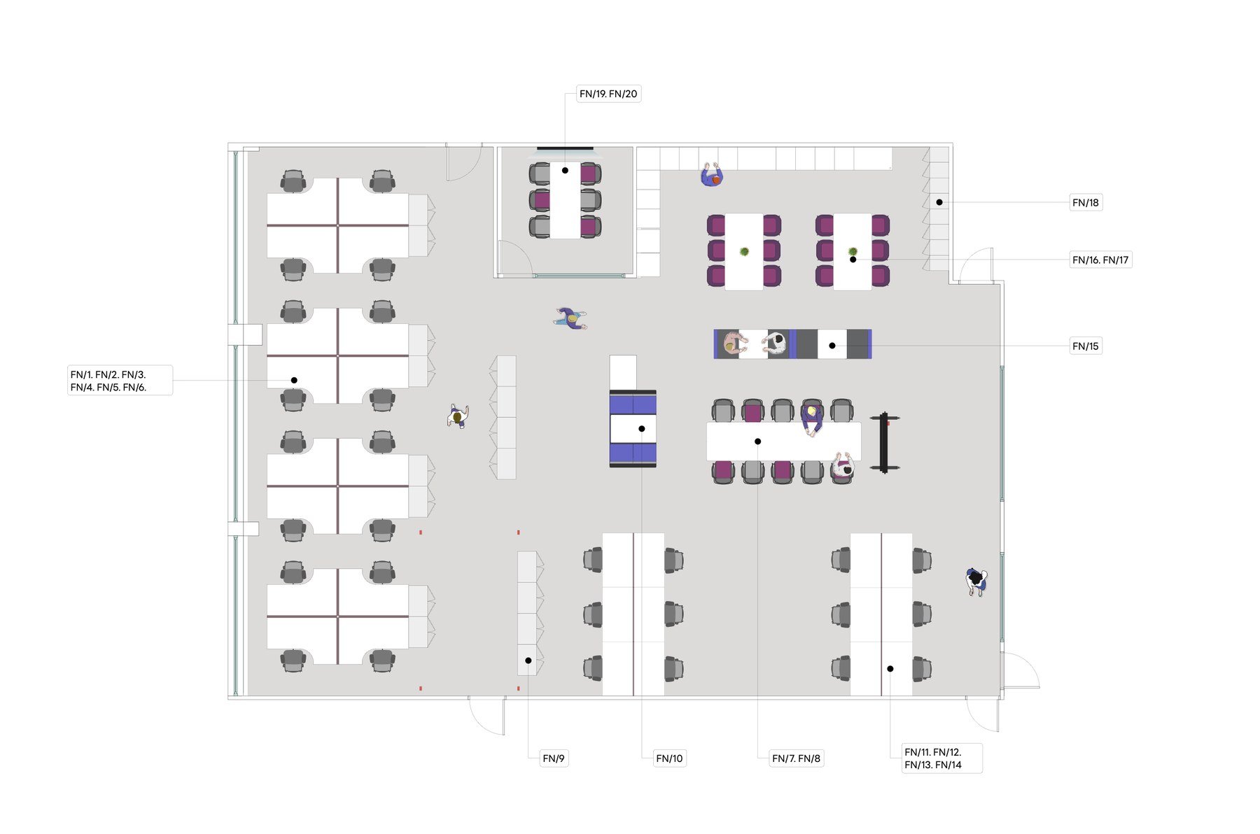 2D office space plan showing desking, meeting rooms and breakout zones with furniture references