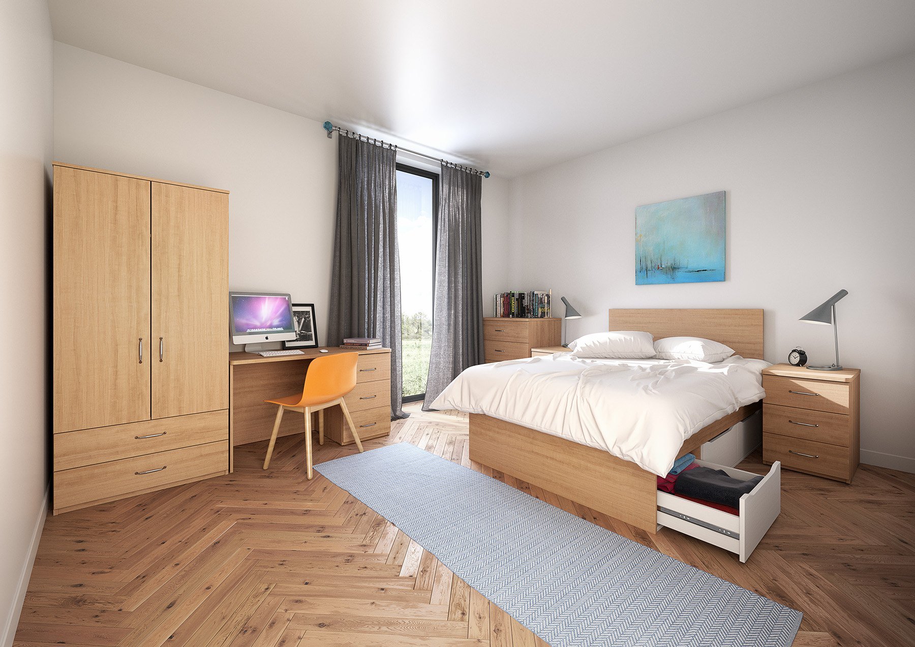 Student accommodation bedroom with oak-finish wardrobe, study desk, storage bed and bedside drawers